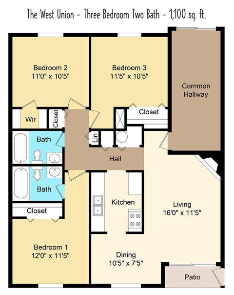 A floor plan of a three bedroom, two bathroom apartment.